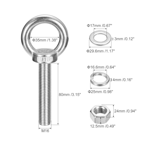 Image of uxcell Lifting Eye Bolt, 4 Sets M16 x 80mm Eye Bolt with Nut Washer 304 Stainless Steel Shoulder Lifting Ring Eye Bolt for Hanging Item