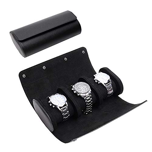 ROSELLE Watch Roll Travel Case for Men and Women- 3 Watch Storage and Organizer-Secure Storage with Innovative Removable Pillows & Solid Dividers for Home Storage, Travel and Display(Black Cross)
