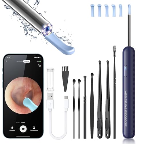 Ear Wax Removal, Ear Cleaner with Camera and Light, Ear Wax Removal Kit with 8 Pcs Set Ear Wax Removal Tool Camera with 1080P, Ear Cleaning Kit with 6 Spoons, Ear Camera for iOS & Android (Blue)