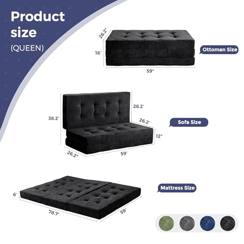 Image of MAXYOYO 6 inch Folding Sofa Bed for Floor, Tufted Tri-Fold Floor Mattress with Chenille Fabric, Queen Size Portable Sofa Couch Guest Mat for Adults, Foldable Topper for Camping, Black, Queen