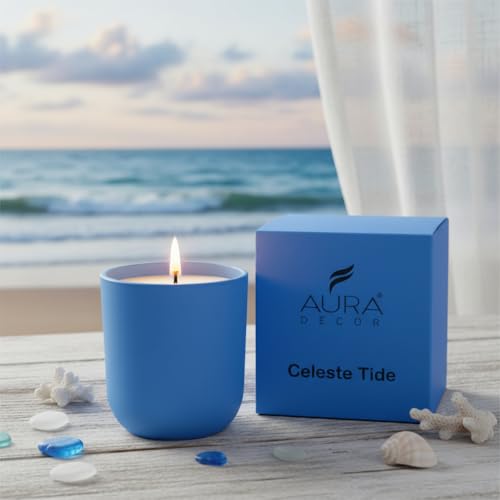 Image of AuraDecor Luxury Scented Candles, Rose Amour, Emerald Dawn, Celeste Tide, 35-40 Hours Burn Time, Luxury Soy Blend, Aromatherapy Home Fragrance Collection (Celeste Tide)