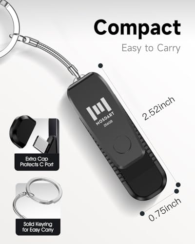 Image of MOSDART 256GB USB C and A 3.1 Dual Flash Drive with Keychain, Black | Fits Android Phones, iPhone 15, 16, 17, Macbook, iPad, For Photos and Videos, USB-C Port Protection, Phone Case Friendly