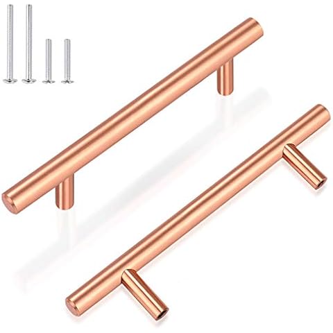 GOBEKOR 10 Pack T Bar Cabinet Handles Rose Gold Dresser Drawer Pulls 3-3/4in Hole Center, Solid Stainless Steel Kitchen Cabinet Hardware Cover