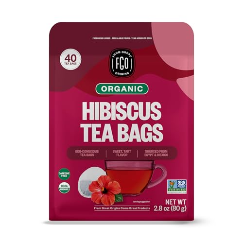 Image of FGO Organic Hibiscus Herbal Tea, 40 Count, Eco-Conscious Tea Bags, Caffeine Free (Pack of 1)