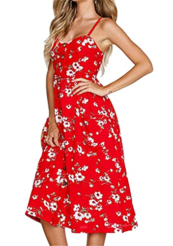 Image of YMING Womens Summer Spaghetti Strap Dresses Button Down Floral Sundress High Waist Swing Midi Dress with Pockets