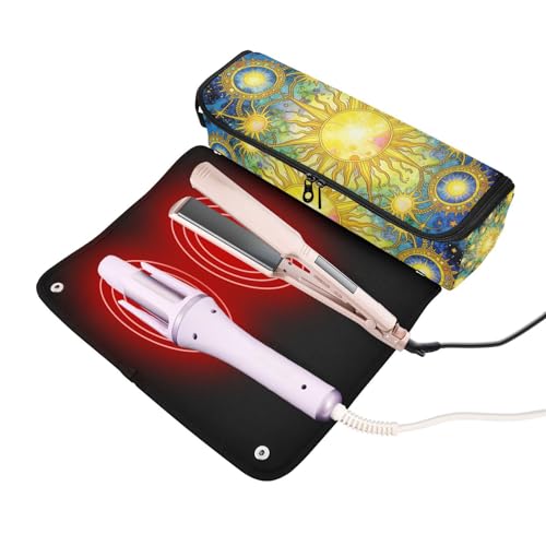 Bolsa de viaje para herramientas de cabello para mujeres con tapete resistente al calor, grande para planchas de pelo, estuche de viaje para planchas y rizadores, boho celestial luna sol estrellas estrellado portátil miniatura 2
