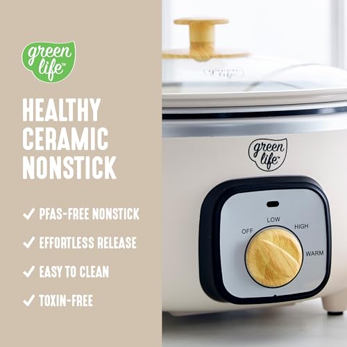 Image of GreenLife 3.5QT Slow Cooker, PFAS-Free Non-Toxic Ceramic Nonstick Removable Interior Bowl, Programmable, Keep Warm, Stovetop & Oven Safe Pot, Dishwasher Safe Crock & Glass Lid, Cream