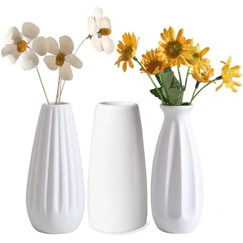 Arawat 3er Keramik Vasen Weiß Vasen Deko Porzellan Mini Blumenvase Tischvase Cover