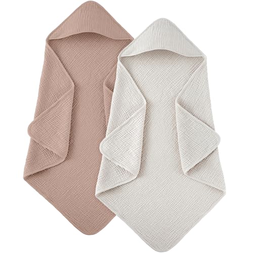 Image of Susurration Hooded Baby Towels for Newborn 2 Pack 100% Muslin Cotton Towel for Babies，Highly Absorbent and Newborn Essential 30x30 Inch Beige&Sand