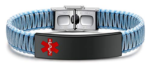 JUST MEET YOU Personalized Women's Identification Barcelet Medical Alert Nylon Braided Bracelet Custom Engraved Medical Alert Bracelets for Men Adjustable Cuff Wristband Bracelet 6.0~8.5 Inches