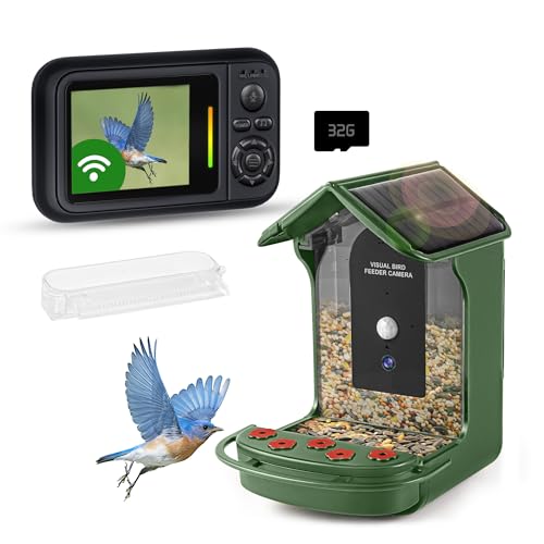 NUOTUN Bird Feeder with Camera Solar Powered & HD Rechargeable Monitor, Smart Birdhouse with Auto Video Recording, no Subscription Bird Watching, 2.4G Wireless, Two-Way Audio, 32G SD Card Included