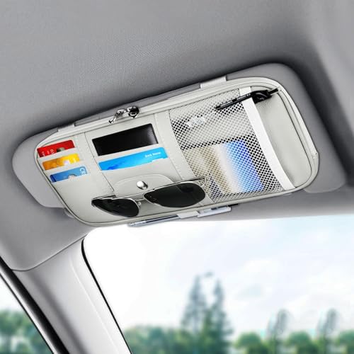 Linkstyle Organisateur de Visière en Cuir, Gris Rangement Pare-Soleil Auto, Porte Lunettes pour Voiture pour Cartes Permis Factures Stylo