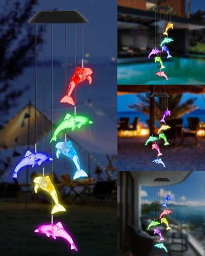 DOUBLEZHE Solar Wind Chimes for Outside, Color Changing Dolphin Wind Chime Outdoor...