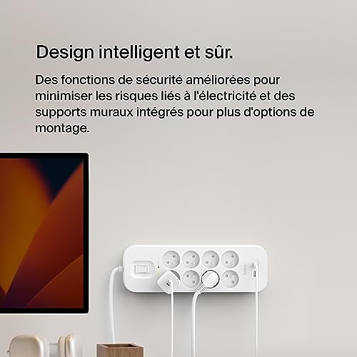 Belkin Multiprise Parafoudre 8 Prises avec USB-C et USB-A, Cordon de 2 m