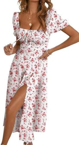 BLENCOT Womens Casual Summer Square Neck Short Sleeve Split Thigh...