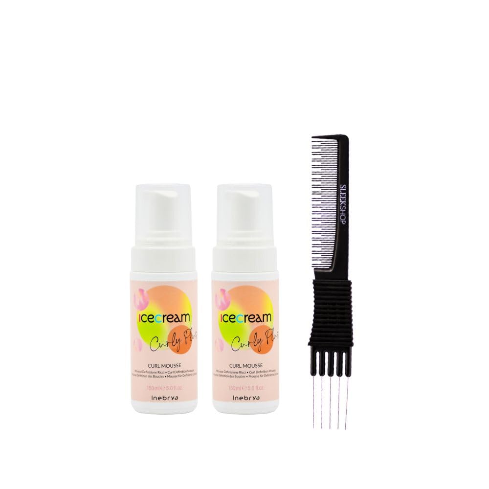 kussInebrya Ice Cream Curly Plus Mousse (5 oz) with Teasing Comb Pack of 2