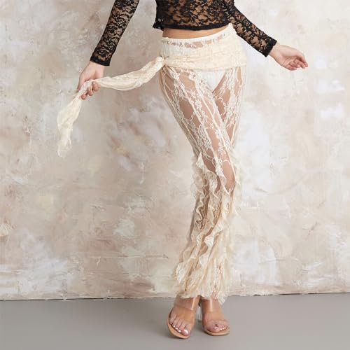 Women's Summer Lace Pants Irregular Ruffle Sheer Lace Floral Party Trousers3