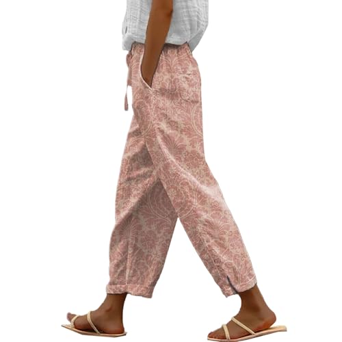 Pantalones 7/8 Mujer Verano Lino Casual Ligero Elástico Pantalones De Playa con Bolsillos Cintura Alta Fluido Pantalones Pantalones Pantalones De Verano De Lino Grande Chic Casual Trabajo Yoga