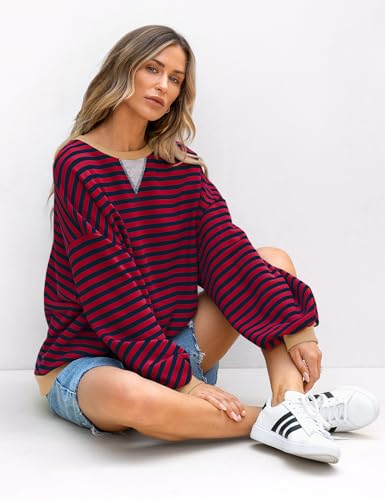 Image of UEU Women Oversized Striped Crewneck Sweatshirt Long Sleeve Color Block Pullover Tops Casual Loose Workout Shirt