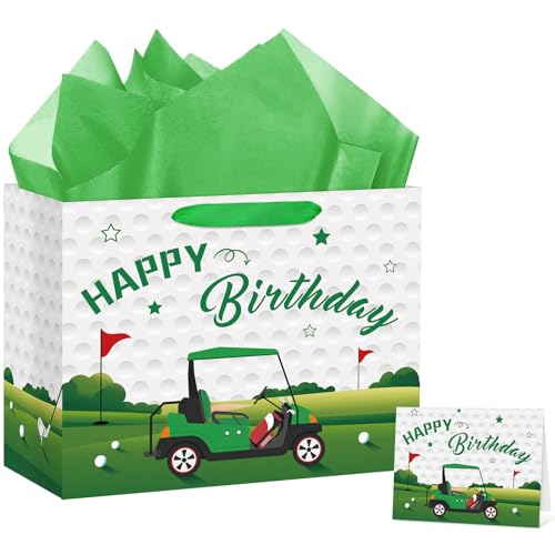 Hooqict Large Golf Gift Bag Golf Themed Birthday Party Gift Wrapping Bag With Handles, Tissue Paper, Greeting Cards For Kids Boys Men Goodie Candy Treat Party Favors