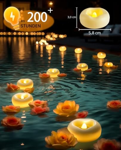 Auemaniliy 12 Stück 5,1cm LED schwimmKerze, 200 Stunden wasserdichte warmweiße batteriebetriebene schwimmende Teekerze für romantisches Hochzeitszentrum/Bad/Pool/Brunnen