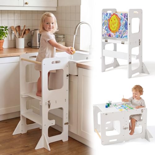 Image of labebe Toddler Standing Tower for 12M+, Montessori Foldable Learning Standing Tower with Blackboard, Anti-tip Structure Design,Wooden Kitchen Step Helper Stool for 1-3 Year Old Boy Girl Gift