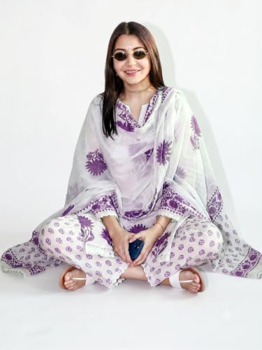 Image of Nermosa Women's Hand Block Floral Printed Straight Kurta Set with Palazzo Pants & Dupatta Ethnic Kurta Set for Casual Outings Day Events Summer Wear Festive