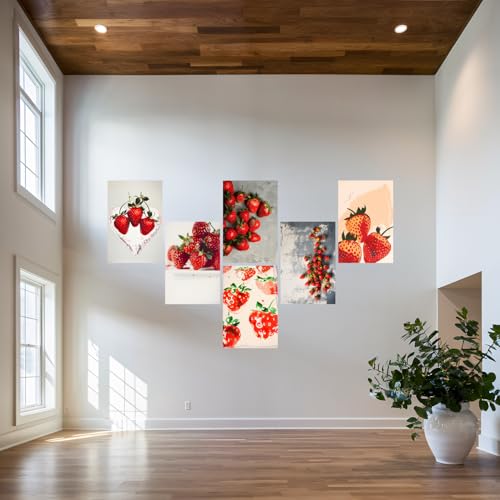 Image of SiddArtify Strawberry Art Print Set - Red - White Fruit Still Life - Sticker - 12x18 Inch - Pack of 6 Wall Room Decoration art Poster Prints