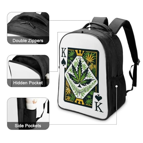 King of Weed Playing Card Funny 16 Inch Backpack for Men Women Casual Daypack with 2 Compartment for Travel Work4