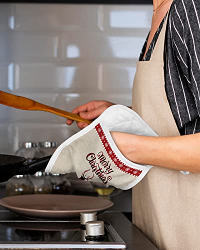 Merry Christmas Reindeer Pot Holders With Pocket For Kitchen, Heat-Resistant Potholders Set Of 2, Hot Pads Oven Mitts With Hanging Loops For Home Cooking Baking Microwave, Buffalo Check #TOP4