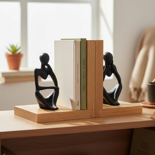 Image of eCraftIndia Wooden Book End with Resin Thinker Statues Showpiece for Home Decor Office Table | Gift for Housewarming Birthday