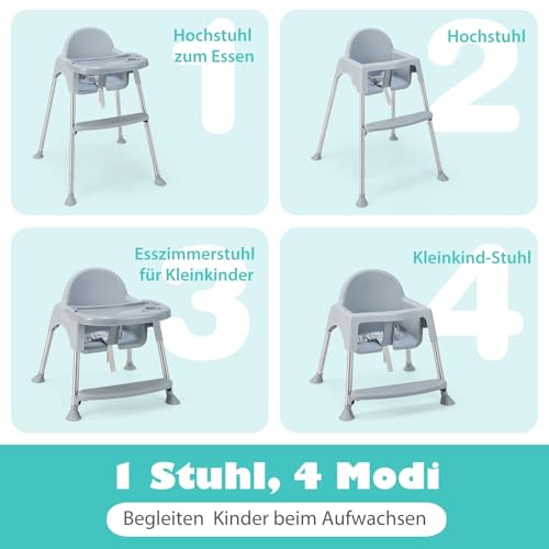 COSTWAY 4 in 1 Babyhochstuhl aus PP & Edelstahl, Hochstuhl umwandelbar mit abnehmbarem Doppeltablett, 3-Punkt-Sicherheitsgurt, Babystuhl Kombihochstuhl für 6-36 Monaten Baby (Grau)