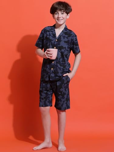 Image of Li'l Tomatoes Boys 100% Cotton Night Suit | Summer Printed Shirt & Shorts Set | Soft & Breathable Sleepwear | 9-16 Years