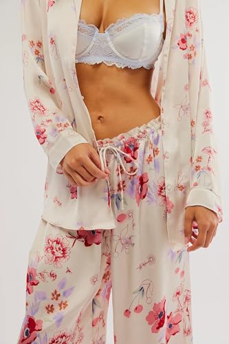 Image of LILTWIST Silk Satin Pajamas Set for Women 2 Piece Floral Pjs Wide Leg Lounge Pants Set Long Sleeve Button down Pj Shirts Set