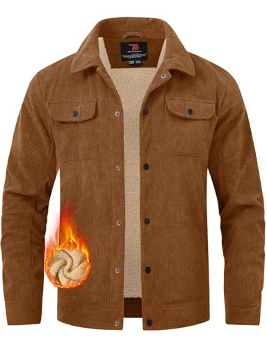Image of TBMPOY Men's Corduroy Jacket Fleece Sherpa Winter Trucker Work Cargo Coat | Warm,Thick,5 Pockets,Turn-down Collar,Casual,Travel