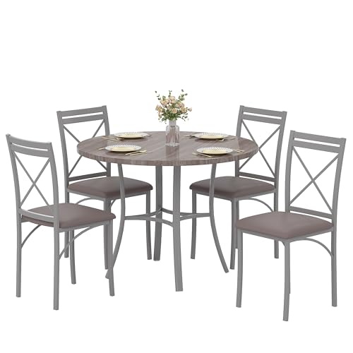 VECELO 5 Piece Dining Table Set for 4, Wood Grain Dinette with Chairs for Kitchen, Breakfast Nook, Small Space, Elegant Grey