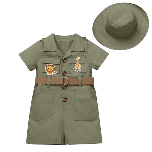 Image of IDOPIP Girl Jungle Safari Outfit Wild Birthday Romper+Hat Jumpsuit Birthday Party Clothes Overall Shorts Photo Shoot Bodysuit