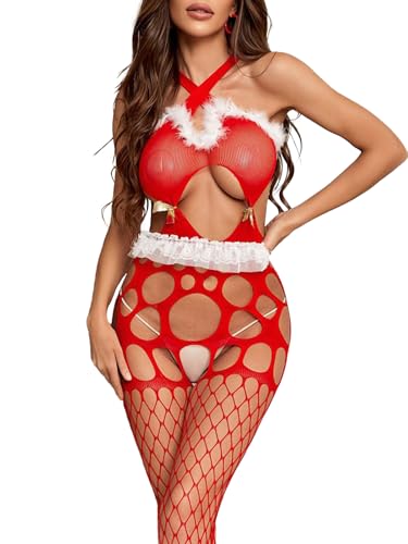 NLAND Lingerie Sexy Donna Completini Intimi Reggicalze in Pizzo con Calze a Rete Elegante Pizzodi Natale Body Sleepwear