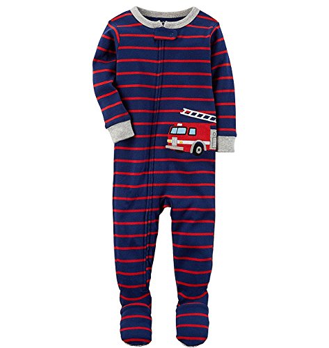 Carter's Boys' 12M-5T 1 Piece Firetruck Snug Fit Cotton PJS 18 Months, Blue/Red Stripe