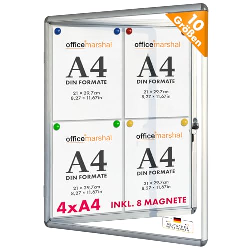 OfficeMarshal Schaukasten 4xA4 inkl. 8 Magnete Infokasten Aushang Aushangkasten Magnetische & beschreibbare Rückwand Plakatschaukasten mit Alurahmen