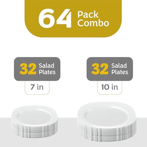 PLASTICPRO 64 Pack Elegant Disposable Plastic Plates Combo Set Includes 32 Dinner Plates and 32 Salad Heavy Duty Fancy Party Plates White Embossed Victorian Design - 3
