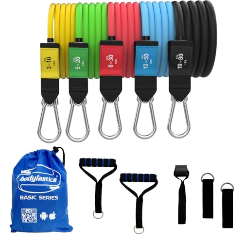 Bodylastics Basic Series Resistance Band Set-Resistance Bands, Handles, Ankle Straps, Door Anchor, Carry Bag Heavy-Duty Exercise Bands-Patented Clips and Snap Reduction Tech (3-190 LBS Set Assorted)