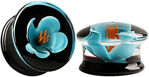 KUBOOZ(1 Pair Glass-handmade Blue Flower Ear Plugs Tunnels Gauges Stretcher Piercings 0G to 5/8" 8mm to 16mm Earrings