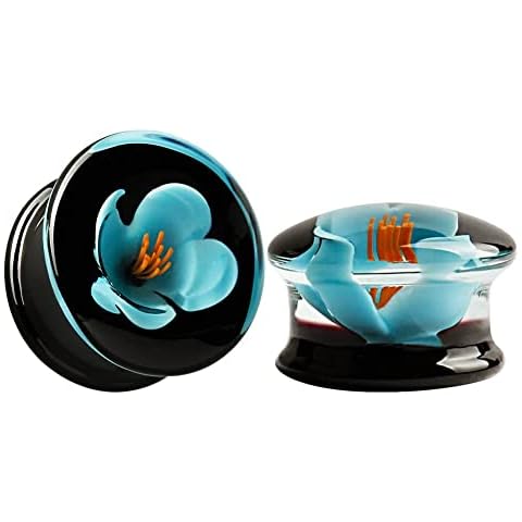 KUBOOZ(1 Pair Glass-Handmade Blue Flower Ear Plugs Tunnels Gauges Stretcher Piercings 5/8" Cover