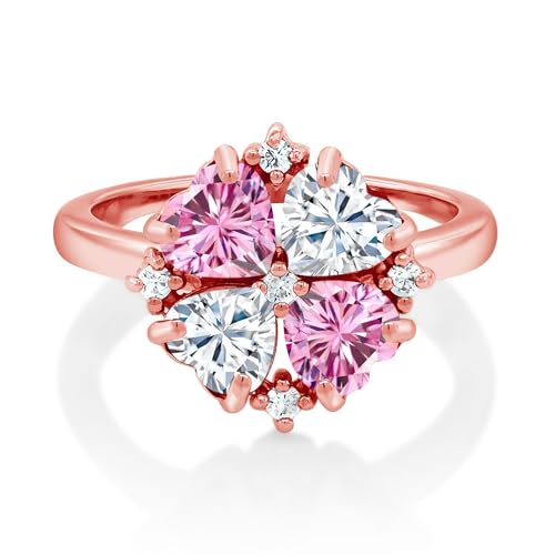 Gem Stone King 18K Rose Gold Plated Silver Pink Moissanite and Moissanite Ring For Women (2.08 Cttw, Heart Shape 5MM, Gemstone Birthstone, Available in Size 5,6,7,8,9)2