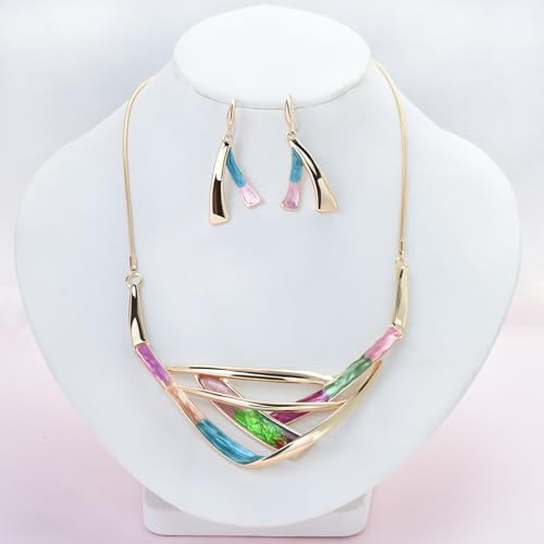 Retro Women's Crystal Floral Petal Leaf Chunky Statement Necklace and Earrings Set Party Jewelry2