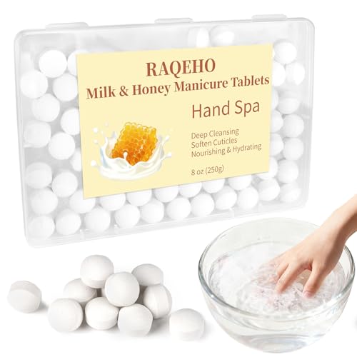 RAQEHO Manicure Spa Balls 8oz - Milk & Honey Soak Balls Moisturizing Tablets Cuticle Softener for Foot and Hand Soak Pedicure Spa Supplies Manicure Tools Nail Salon & Tavel Esenntial80count