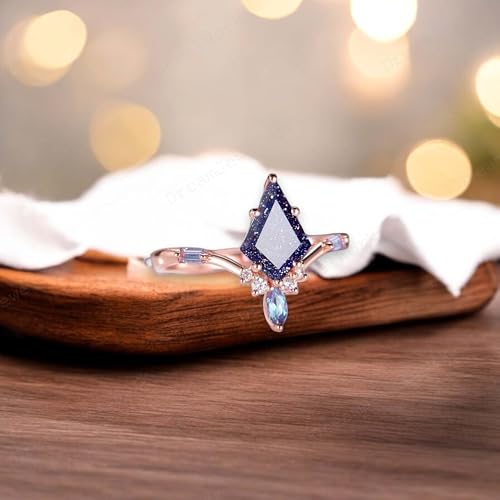 Kite Cut Galaxy Sandstone Engagement Ring 14k Rose Gold Anniversary Jewelry Color Changed Alexandrite Gemstone Ring Diamond Wedding Gift For Bridal3