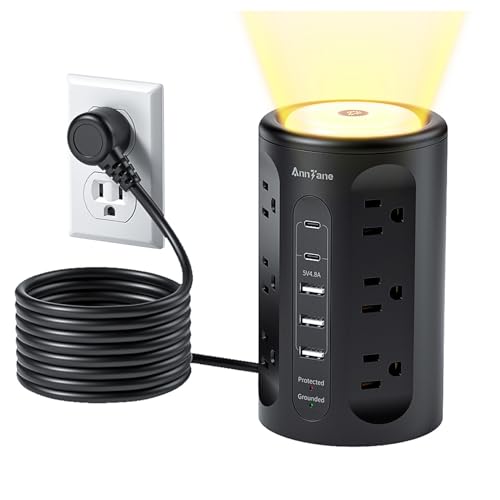 Image of AnnTane Power Strip Tower with Night Light, Power Strip Surge Protector with USB Ports, Extension Cord 10 FT with Multiple Outlets (12AC+3A+2C) for Home Office Desk DormRoom (Black)