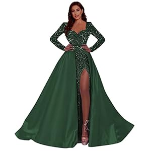 Women Sequin Long Prom Dresses 2024 with Slit Long Sleeve Formal Evening Ball Gown with Detachable Train RO024